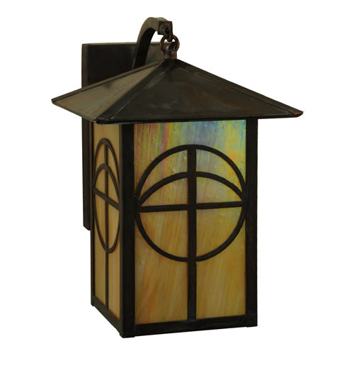 Meyda Lighting Seneca 9" Vintage Brass Circle Cross Curved Arm Wall Sconce With Beige Iridescent Shade Glass