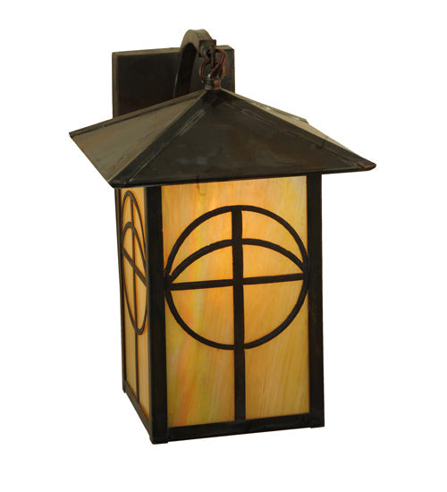 Meyda Lighting Seneca 9" Vintage Brass Circle Cross Curved Arm Wall Sconce With Beige Iridescent Shade Glass