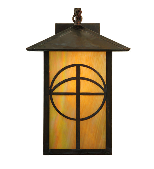 Meyda Lighting Seneca 9" Vintage Brass Circle Cross Curved Arm Wall Sconce With Beige Iridescent Shade Glass