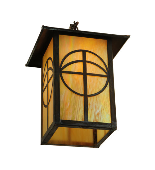 Meyda Lighting Seneca 9" Vintage Brass Circle Cross Curved Arm Wall Sconce With Beige Iridescent Shade Glass