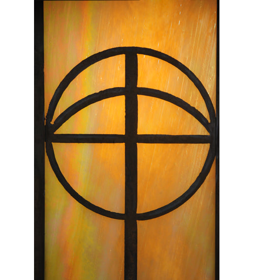 Meyda Lighting Seneca 9" Vintage Brass Circle Cross Curved Arm Wall Sconce With Beige Iridescent Shade Glass