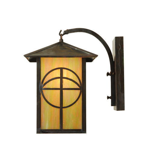 Meyda Lighting Seneca 9" Vintage Brass Circle Cross Curved Arm Wall Sconce With Beige Iridescent Shade Glass