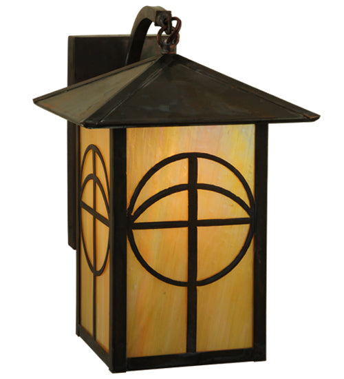 Meyda Lighting Seneca 9" Vintage Brass Circle Cross Curved Arm Wall Sconce With Beige Iridescent Shade Glass