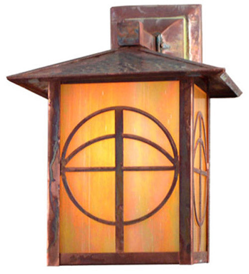 Meyda Lighting Seneca 9" Vintage Copper Circle Cross Solid Mount Wall Sconce With Beige Iridescent Shade Glass