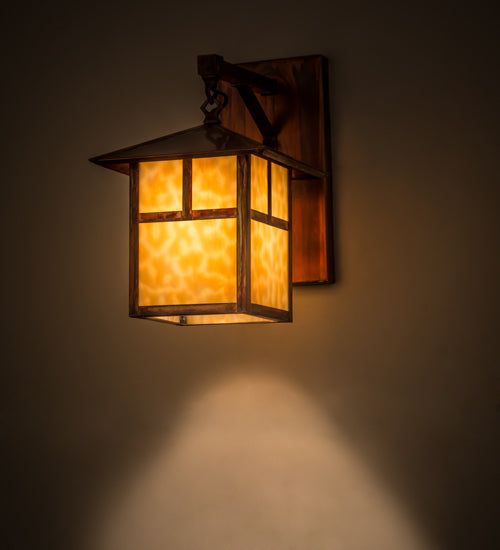 Meyda Lighting Seneca 9" Vintage Copper "T" Mission Hanging Wall Sconce With Beige Art Shade Glass