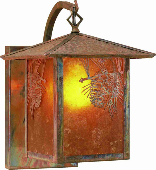 Meyda Lighting Seneca 9" Vintage Copper Winter Pine Curved Arm Wall Sconce With Amber Mica Shade Glass