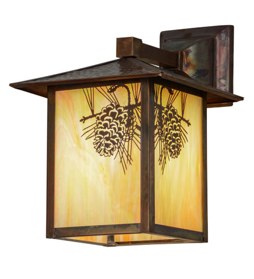 Meyda Lighting Seneca 9" Vintage Copper Winter Pine Solid Mount Wall Sconce With Beige Iridescent Shade Glass