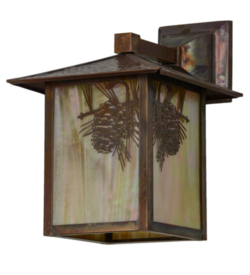 Meyda Lighting Seneca 9" Vintage Copper Winter Pine Solid Mount Wall Sconce With Beige Iridescent Shade Glass