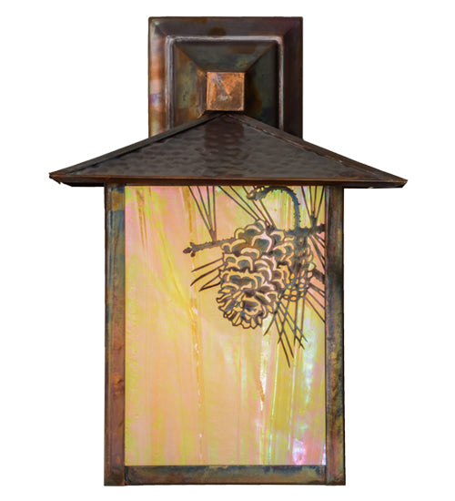 Meyda Lighting Seneca 9" Vintage Copper Winter Pine Solid Mount Wall Sconce With Beige Iridescent Shade Glass