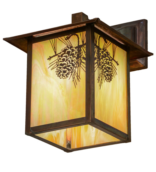 Meyda Lighting Seneca 9" Vintage Copper Winter Pine Solid Mount Wall Sconce With Beige Iridescent Shade Glass