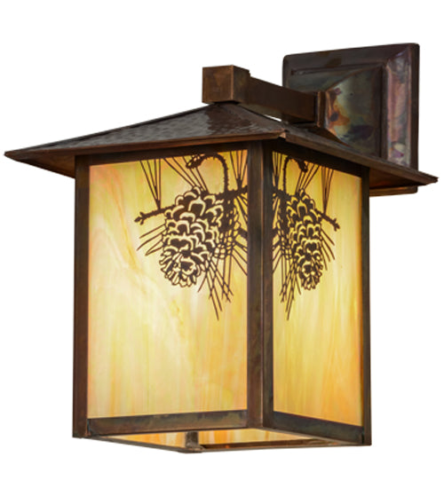 Meyda Lighting Seneca 9" Vintage Copper Winter Pine Solid Mount Wall Sconce With Beige Iridescent Shade Glass