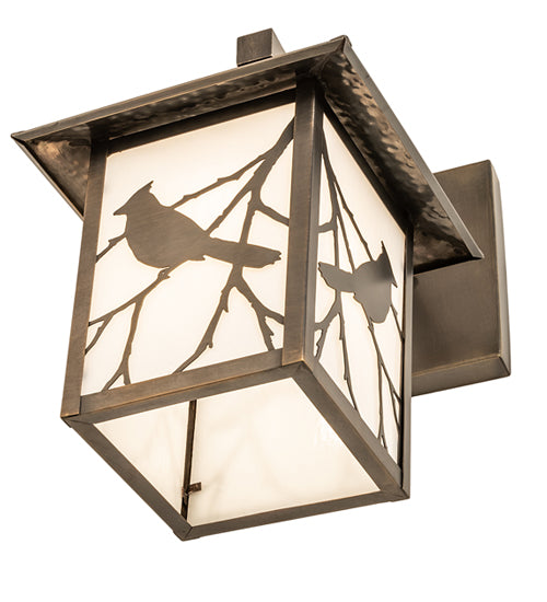 Meyda Lighting Seneca 9"Sq Antique Brass Song Bird Straight Arm Wall Sconce With White Art Shade Glass