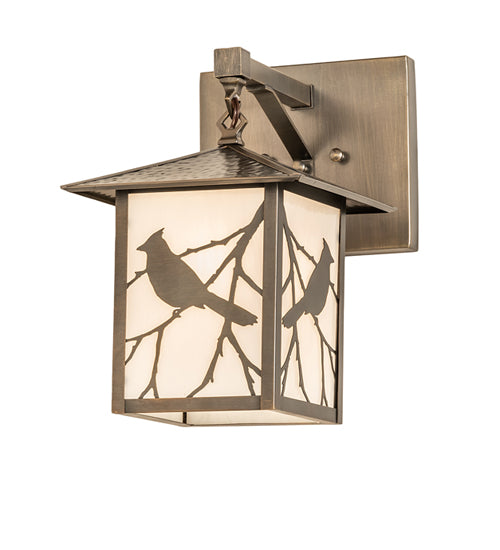 Meyda Lighting Seneca 9"Sq Antique Brass Song Bird Straight Arm Wall Sconce With White Art Shade Glass