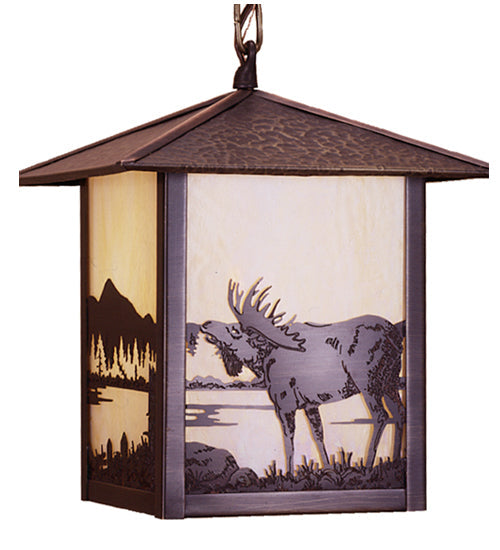 Meyda Lighting Seneca 9"Sq Craftsman Brown Moose at Lake Mini Pendant Light With Beige Iridescent Shade Glass