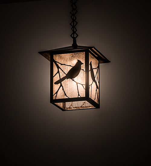 Meyda Lighting Seneca 9"Sq Craftsman Brown Song Bird Pendant Light With Frosted Rainyvue Shade Glass