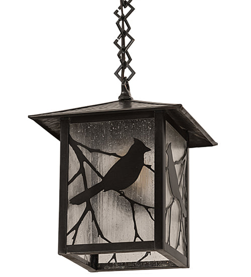 Meyda Lighting Seneca 9"Sq Craftsman Brown Song Bird Pendant Light With Frosted Rainyvue Shade Glass