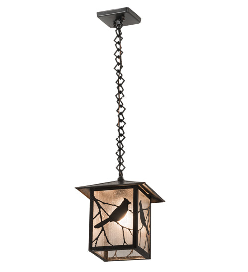 Meyda Lighting Seneca 9"Sq Craftsman Brown Song Bird Pendant Light With Frosted Rainyvue Shade Glass