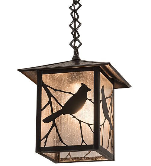 Meyda Lighting Seneca 9"Sq Craftsman Brown Song Bird Pendant Light With Frosted Rainyvue Shade Glass
