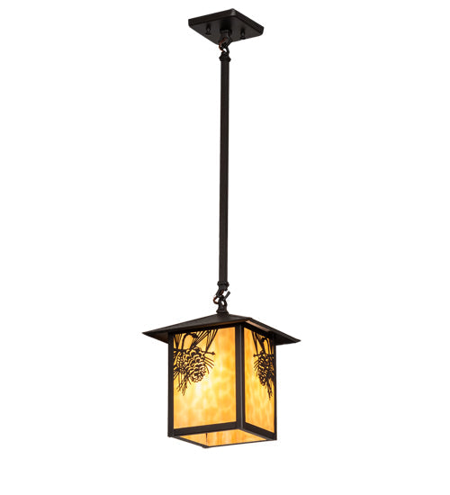 Meyda Lighting Seneca 9"Sq Craftsman Brown Winter Pine Pendant Light With Beige Shade Glass