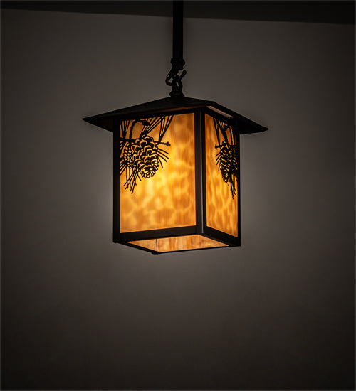 Meyda Lighting Seneca 9"Sq Craftsman Brown Winter Pine Pendant Light With Beige Shade Glass