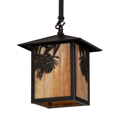 Meyda Lighting Seneca 9"Sq Craftsman Brown Winter Pine Pendant Light With Beige Shade Glass