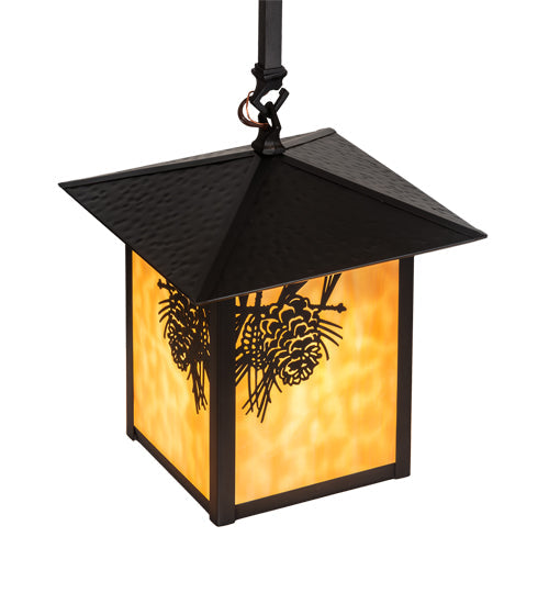 Meyda Lighting Seneca 9"Sq Craftsman Brown Winter Pine Pendant Light With Beige Shade Glass