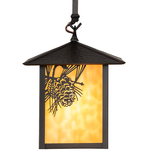 Meyda Lighting Seneca 9"Sq Craftsman Brown Winter Pine Pendant Light With Beige Shade Glass