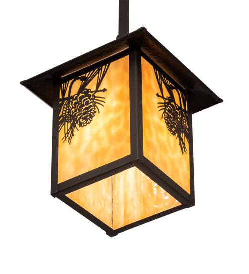 Meyda Lighting Seneca 9"Sq Craftsman Brown Winter Pine Pendant Light With Beige Shade Glass
