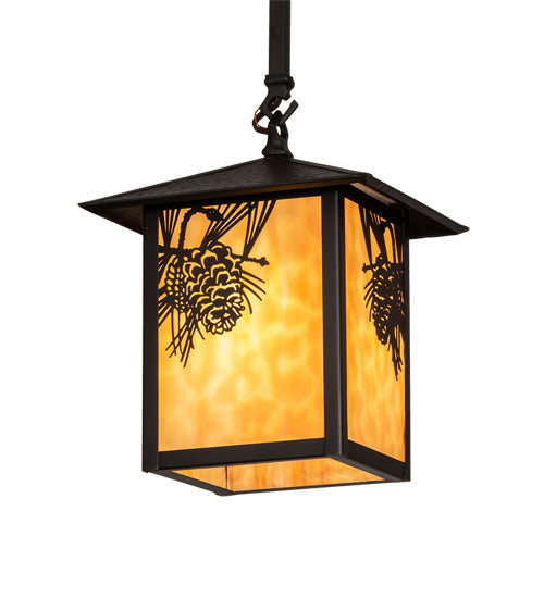 Meyda Lighting Seneca 9"Sq Craftsman Brown Winter Pine Pendant Light With Beige Shade Glass