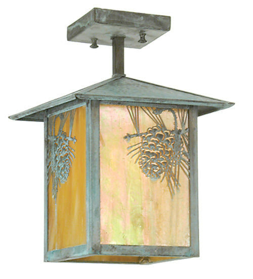 Meyda Lighting Seneca 9"Sq Verdigris Winter Pine Mini Pendant Light With Beige Iridescent Art Shade Glass