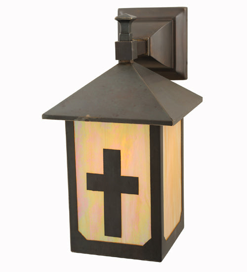 Meyda Lighting Seneca Son's 7" Craftsman Brown Wall Sconce With Beige Iridescent Shade Glass