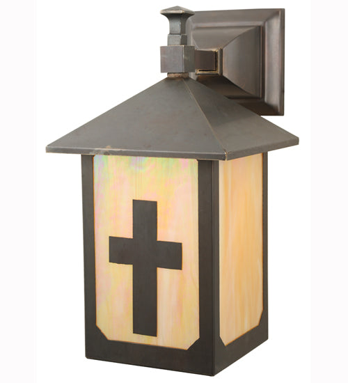 Meyda Lighting Seneca Son's 7" Craftsman Brown Wall Sconce With Beige Iridescent Shade Glass