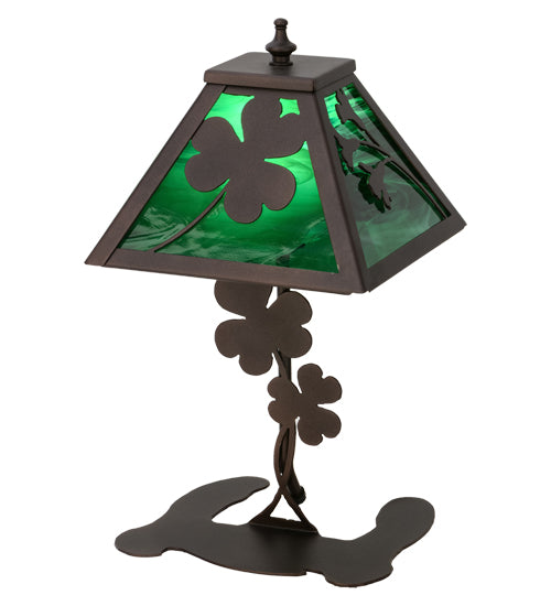 Meyda Lighting Shamrock 15" Mahogany Bronze Accent Table Lamp With Green Emerald Shade Glass