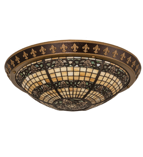 Meyda Lighting Shell and Ribbon 28" 4-Light Copper Vein & Gold Flush Mount Light With Multi-Colored Shade Glass
