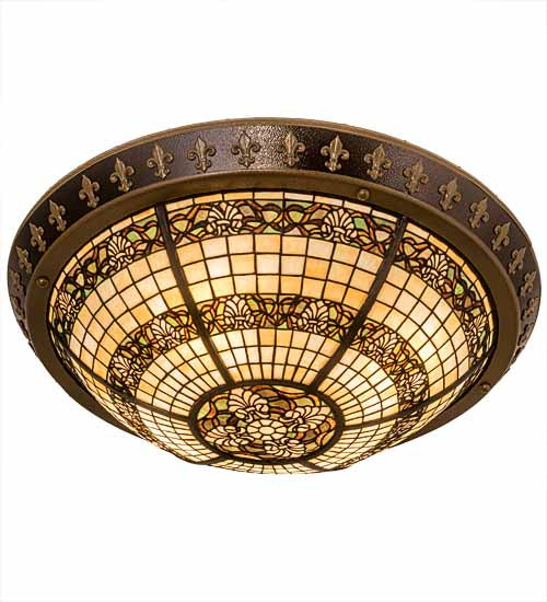 Meyda Lighting Shell and Ribbon 28" 4-Light Copper Vein & Gold Flush Mount Light With Multi-Colored Shade Glass