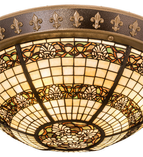 Meyda Lighting Shell and Ribbon 28" 4-Light Copper Vein & Gold Flush Mount Light With Multi-Colored Shade Glass