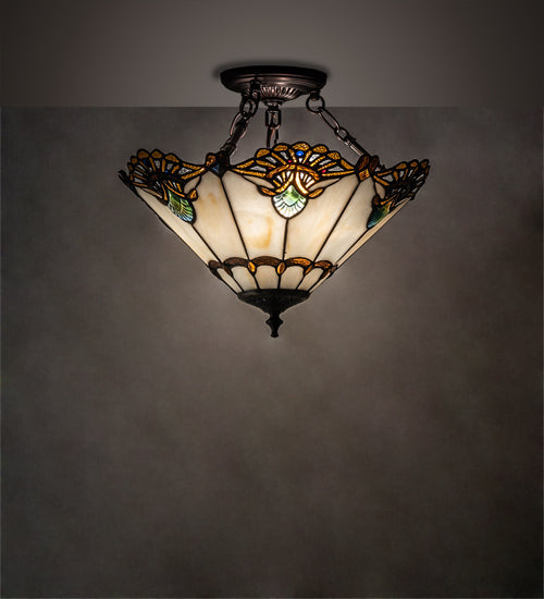 Meyda Lighting Shell with Jewels 16" 3-Light Mahogany Bronze Semi-flush Mount Light With Multi-Colored Shade Glass