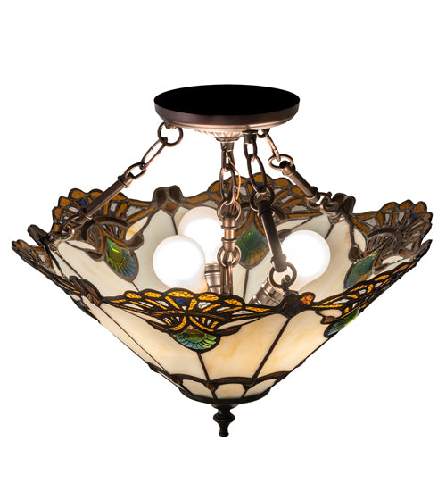 Meyda Lighting Shell with Jewels 16" 3-Light Mahogany Bronze Semi-flush Mount Light With Multi-Colored Shade Glass