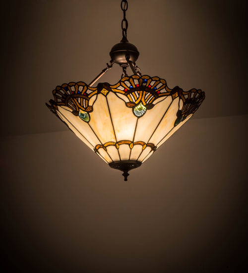 Meyda Lighting Shell with Jewels 20" 3-Light Mahogany Bronze Inverted Pendant Light With Multi-Colored Shade Glass