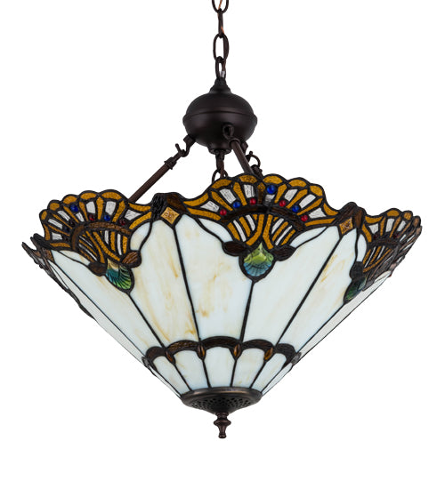 Meyda Lighting Shell with Jewels 20" 3-Light Mahogany Bronze Inverted Pendant Light With Multi-Colored Shade Glass