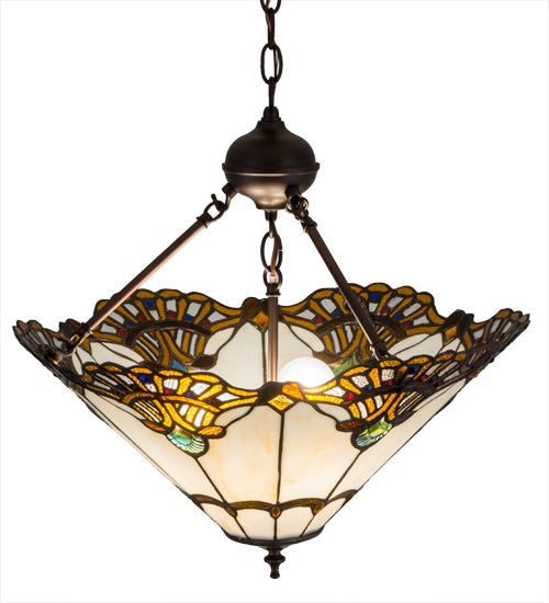 Meyda Lighting Shell with Jewels 20" 3-Light Mahogany Bronze Inverted Pendant Light With Multi-Colored Shade Glass