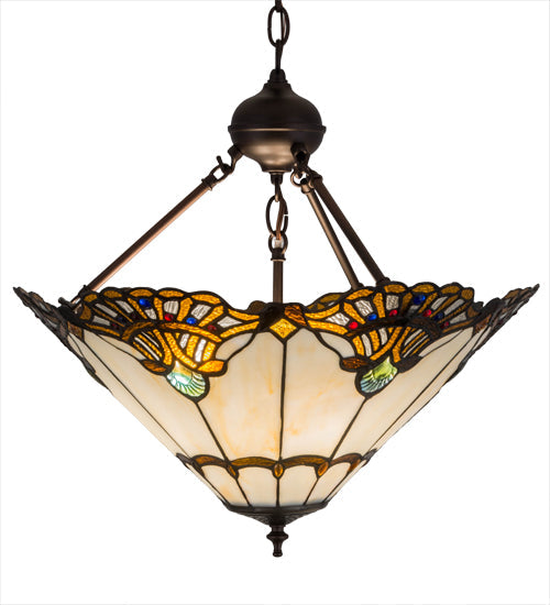 Meyda Lighting Shell with Jewels 20" 3-Light Mahogany Bronze Inverted Pendant Light With Multi-Colored Shade Glass