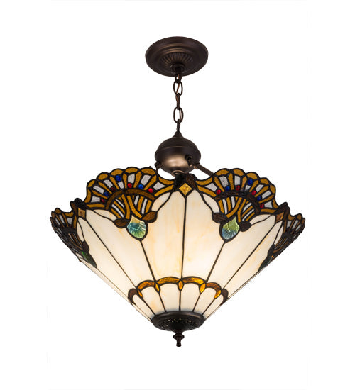 Meyda Lighting Shell with Jewels 20" 3-Light Mahogany Bronze Inverted Pendant Light With Multi-Colored Shade Glass