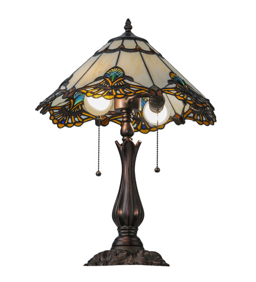Meyda Lighting Shell with Jewels 21" 2-Light Mahogany Bronze Table Lamp With Multi-Colored Shade Glass
