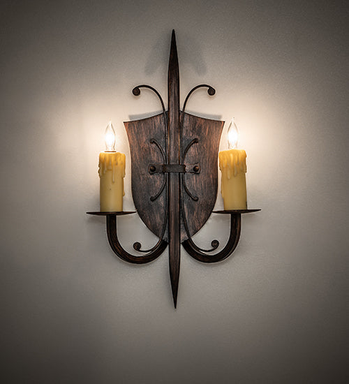 Meyda Lighting Shield 11" 2-Light Cimarron Bronze Wall Sconce With Ivory Faux Candlelight