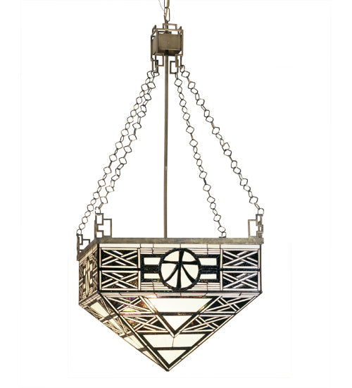 Meyda Lighting Shu 21"Sq 4-Light Mahogany Bronze Inverted Pendant Light With Multi-Colored Shade Glass