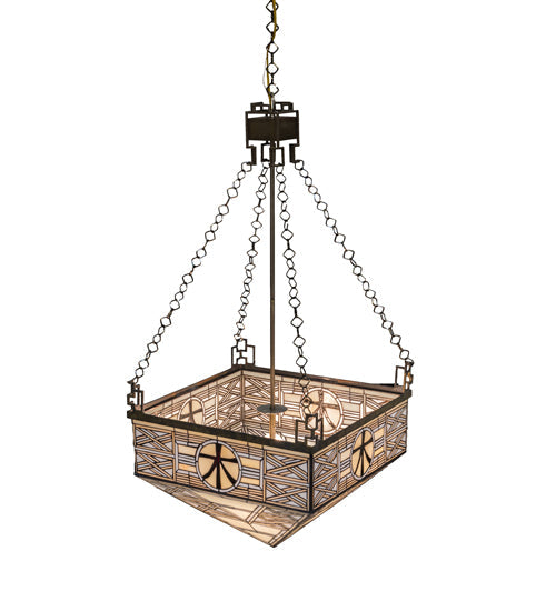 Meyda Lighting Shu 29" 4-Light Satin Brass Pendant Light With Beige & White Shade Glass