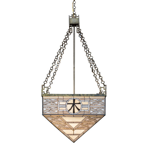 Meyda Lighting Shu 29" 4-Light Satin Brass Pendant Light With Beige & White Shade Glass