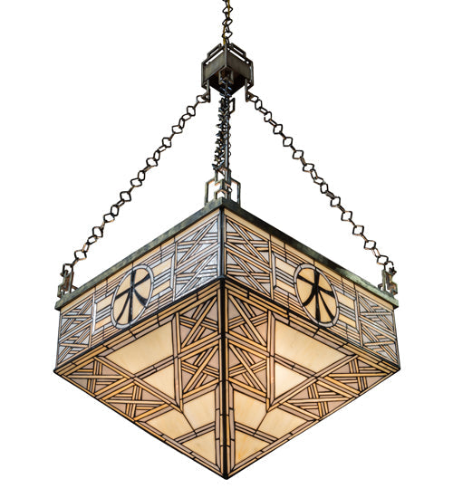 Meyda Lighting Shu 29" 4-Light Satin Brass Pendant Light With Beige & White Shade Glass
