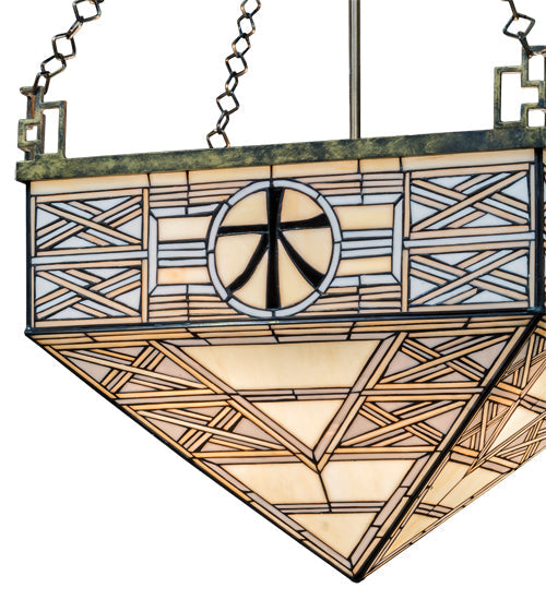 Meyda Lighting Shu 29" 4-Light Satin Brass Pendant Light With Beige & White Shade Glass